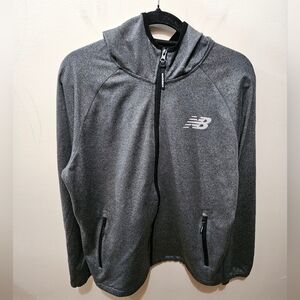 New Balance Gray Hooded Moisture Wicking Soft Shell Logo Full Zip Jacket Small